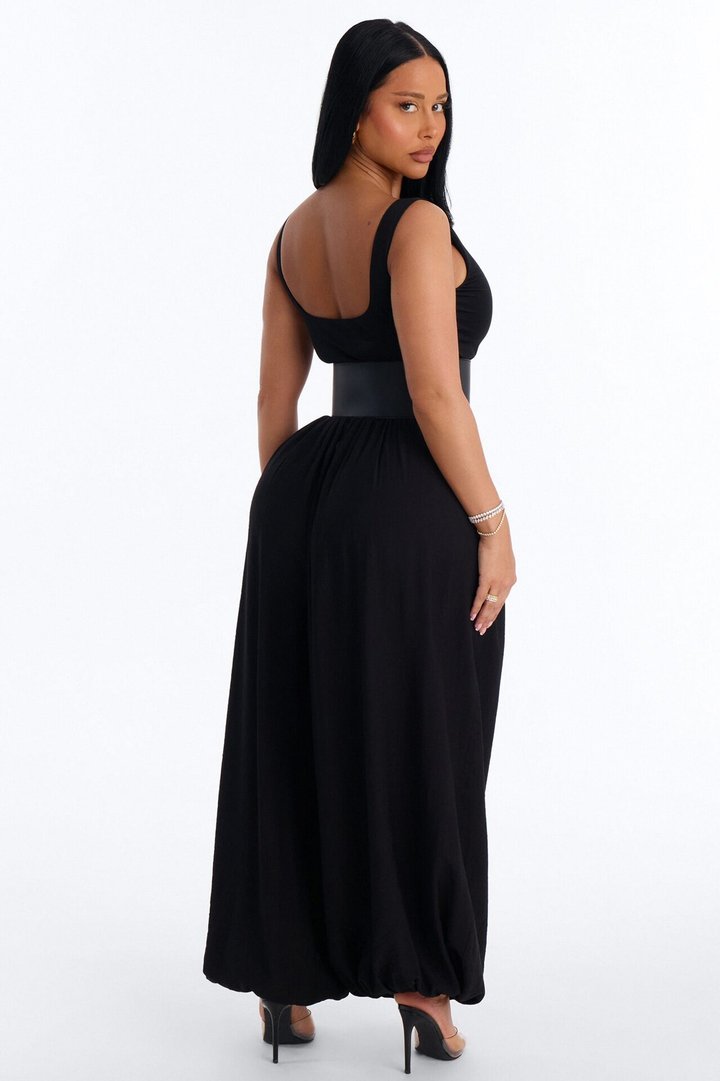 Lacy Belted Balloon Jumpsuit - Black