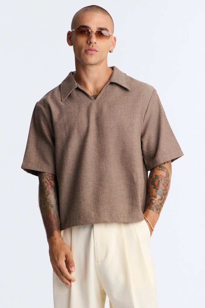 Maison Tailored Textured Boxy Cropped Polo - Brown
