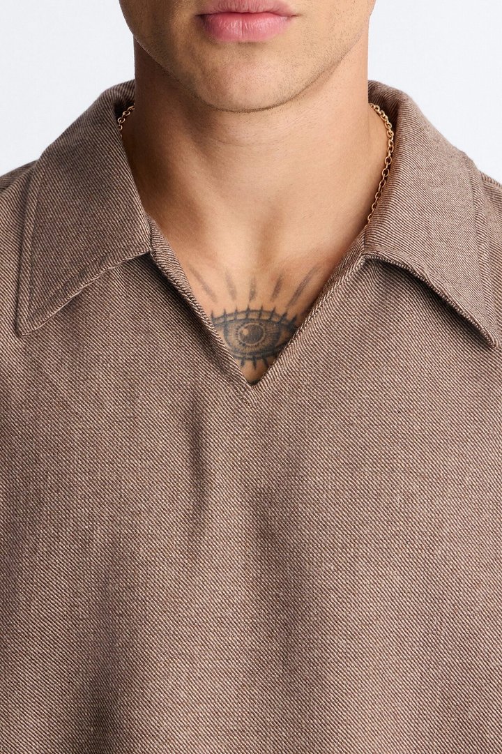 Maison Tailored Textured Boxy Cropped Polo - Brown