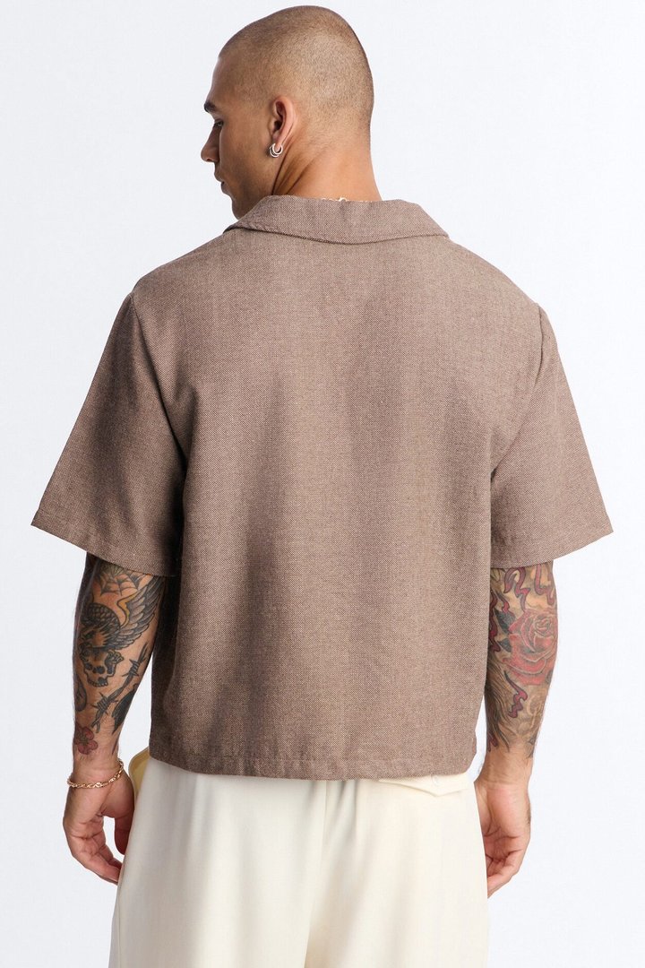 Maison Tailored Textured Boxy Cropped Polo - Brown