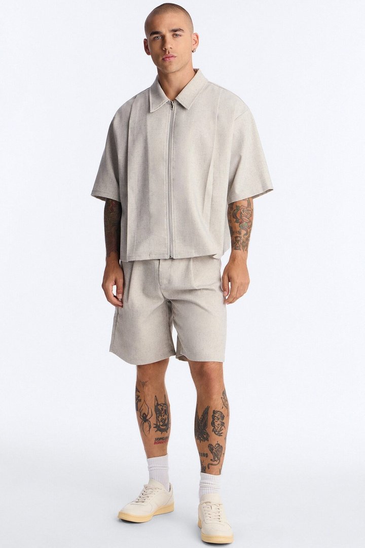 Maison Tailored Boxy Cropped Zip Up Shirt - Khaki