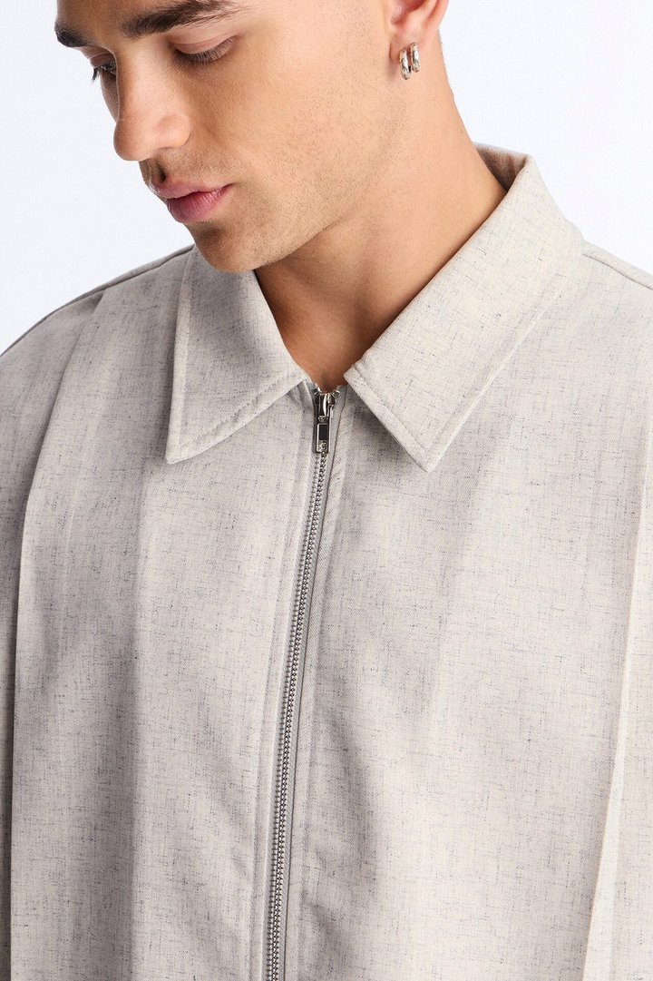 Maison Tailored Boxy Cropped Zip Up Shirt - Khaki