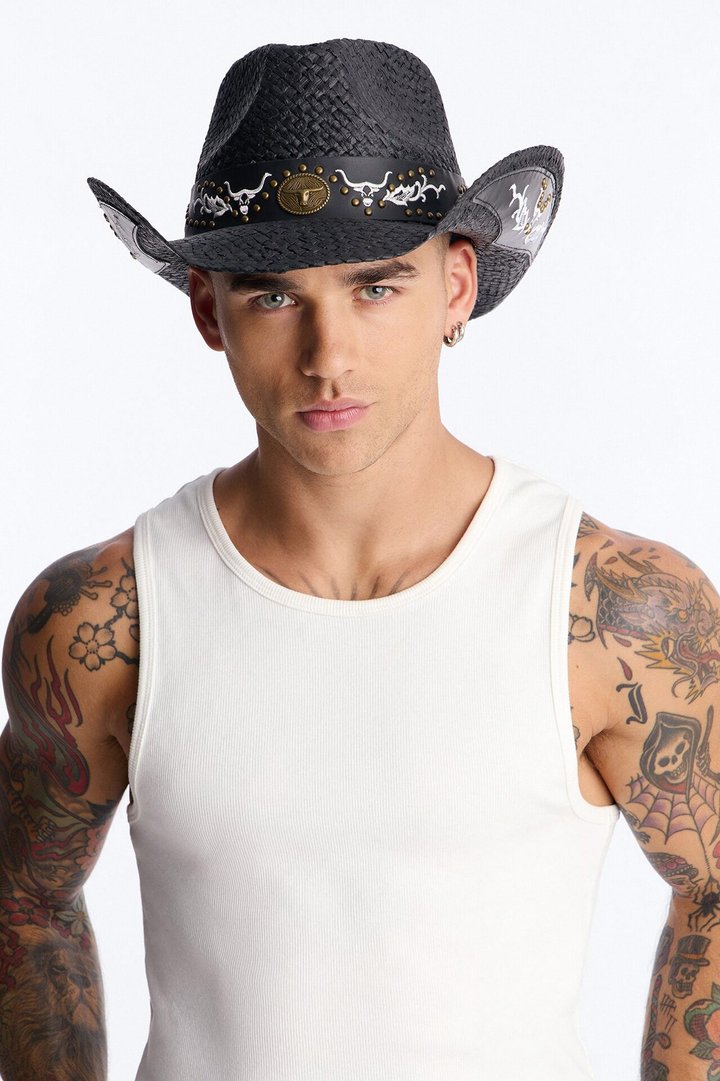 Western Decorative Straw Cowboy Hat - Black