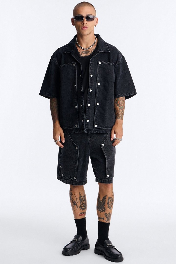 Boxy Utility Snap Panel Button Up Shirt - Black Wash