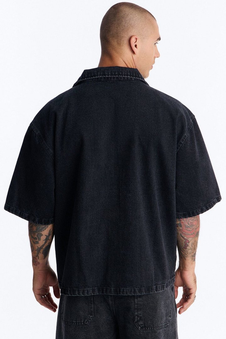 Boxy Utility Snap Panel Button Up Shirt - Black Wash