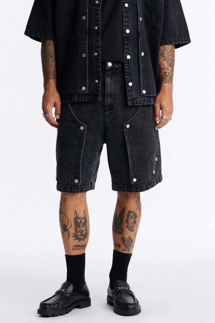 Baggy Utility Snap Panel Denim Short - Black Wash