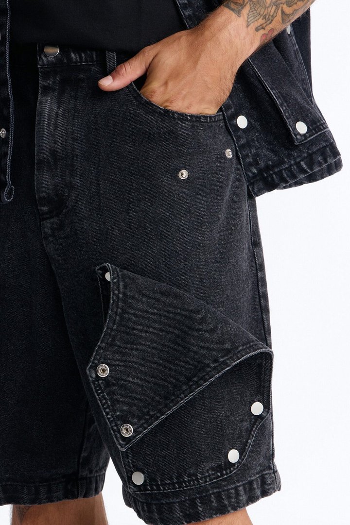 Baggy Utility Snap Panel Denim Short - Black Wash