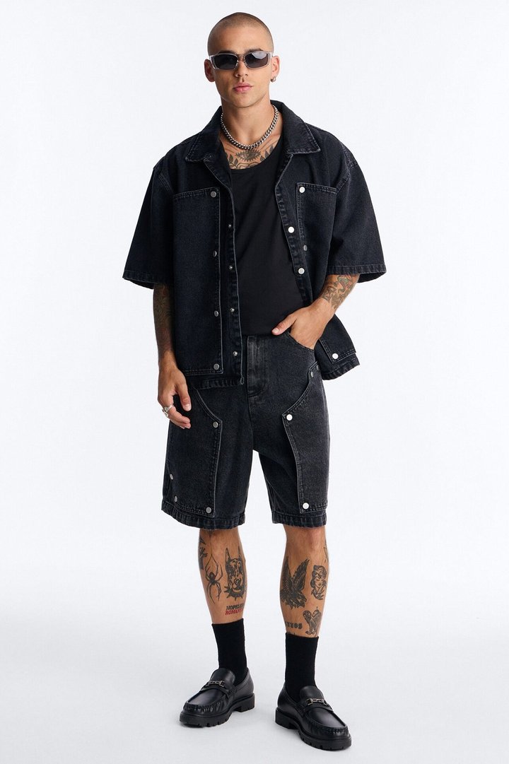 Baggy Utility Snap Panel Denim Short - Black Wash