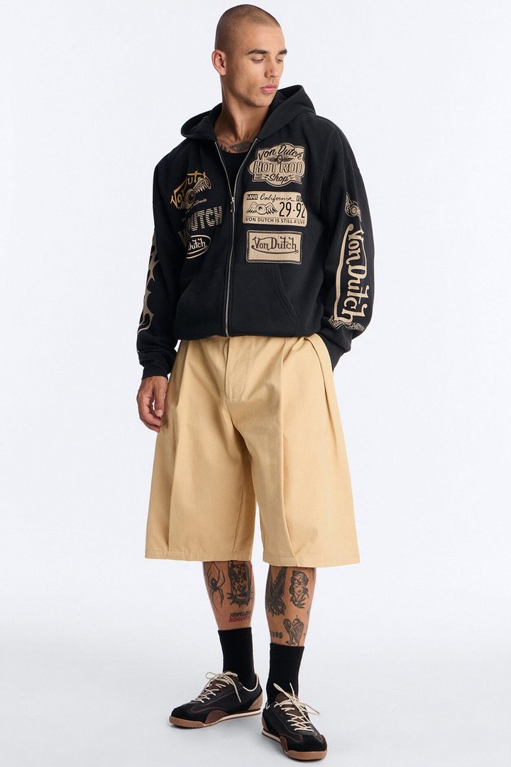 Von Dutch Embroidery Patches Oversized Zip Hoodie - Black Wash