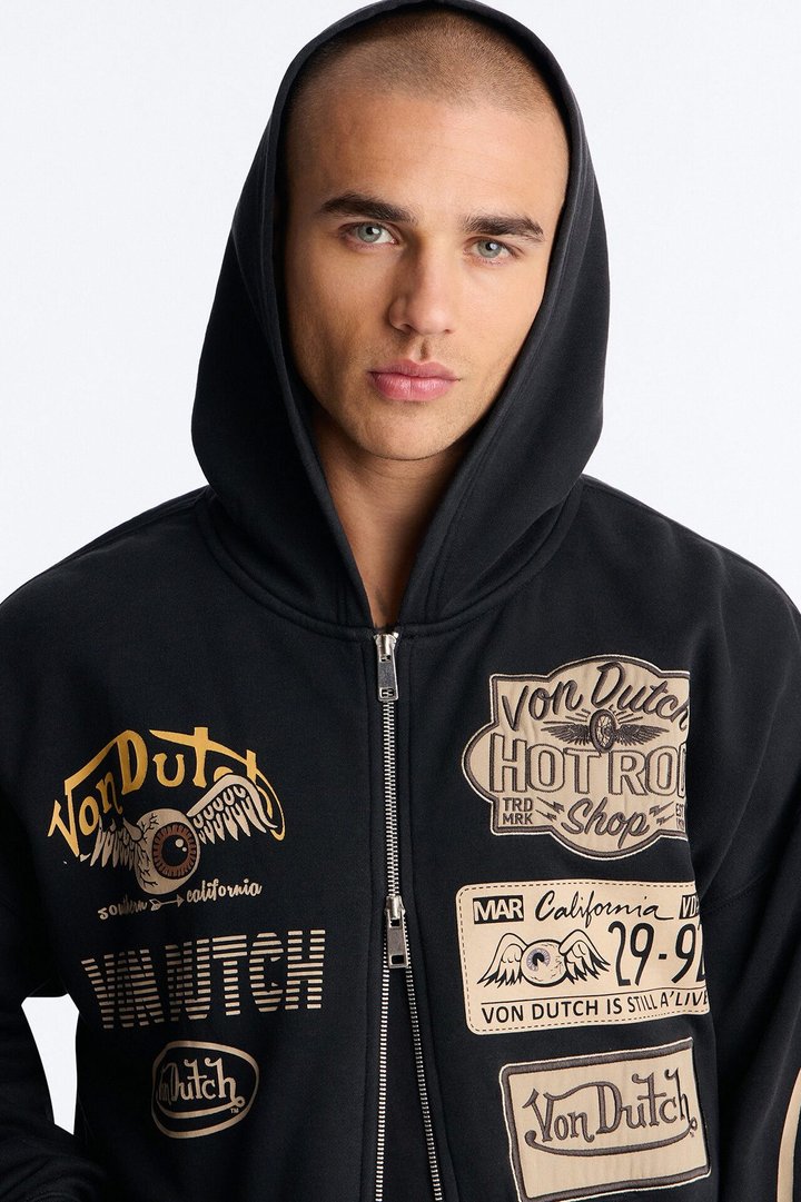 Von Dutch Embroidery Patches Oversized Zip Hoodie - Black Wash