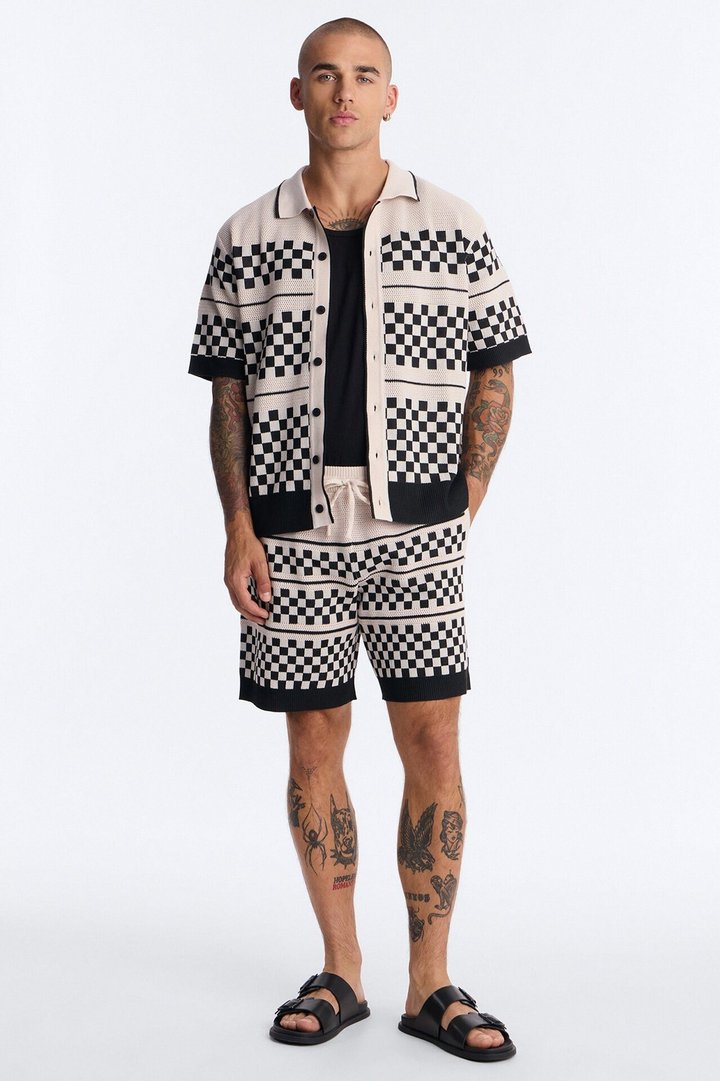 Knitted Pawn Checker Button Up Shirt - Black/combo