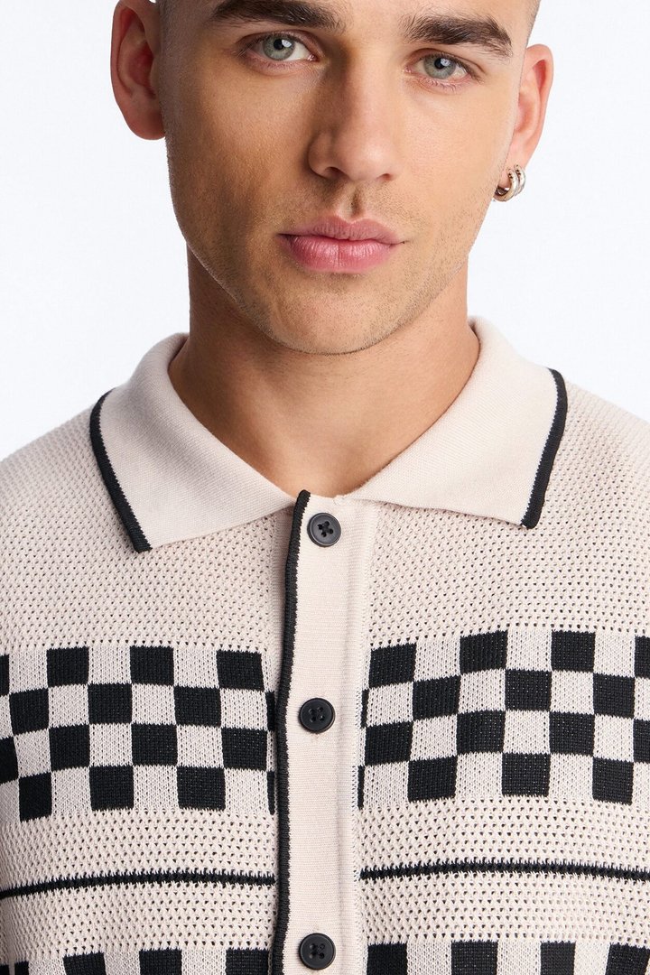 Knitted Pawn Checker Button Up Shirt - Black/combo