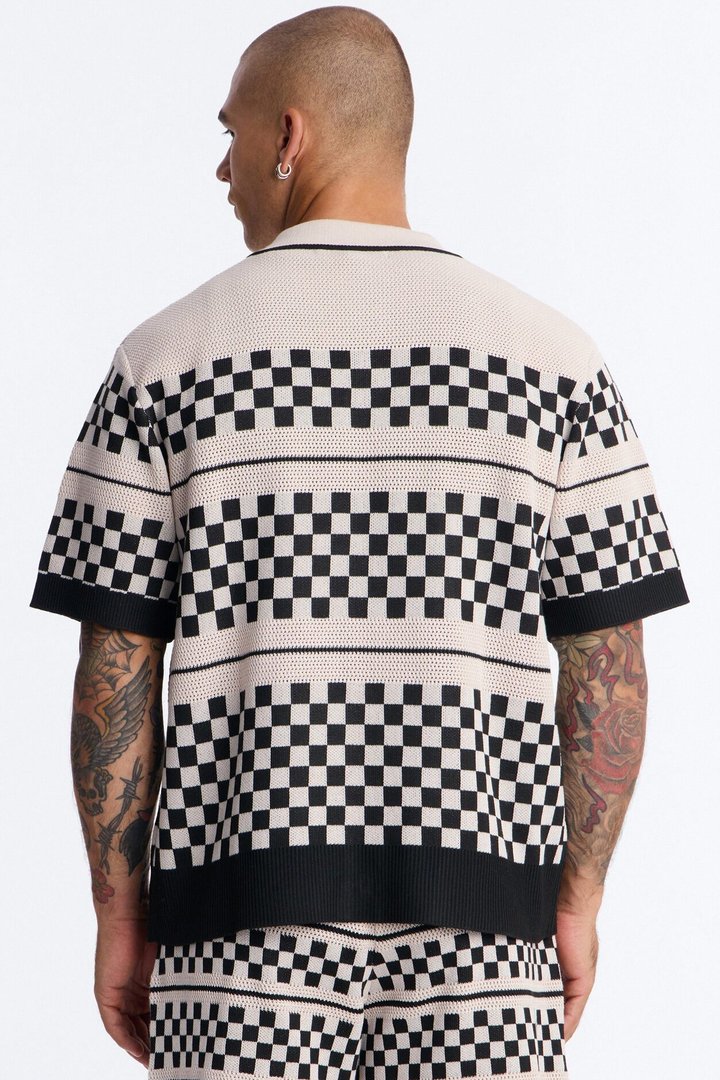 Knitted Pawn Checker Button Up Shirt - Black/combo