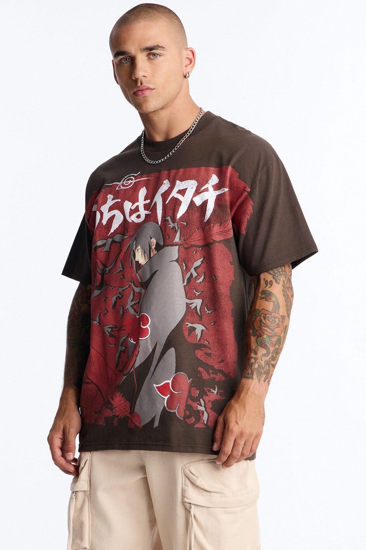 Naruto Itachi Akatsuki Oversized Short Sleeve Tee - Brown