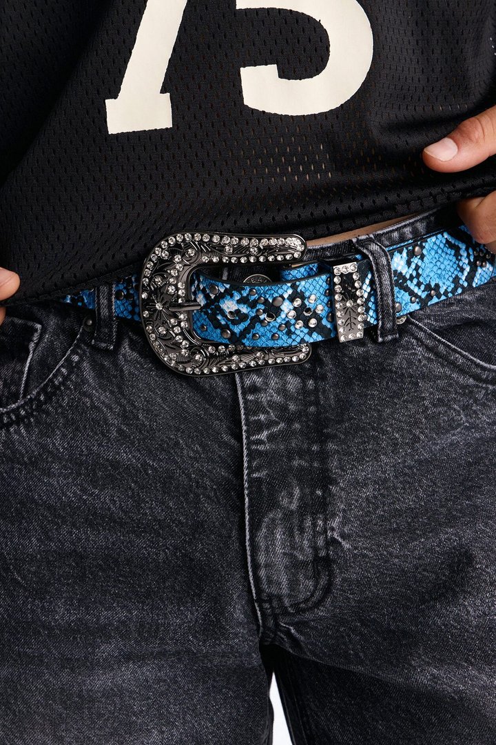 Rhinestone Embellished Snake Western Buckle Belt - Blue