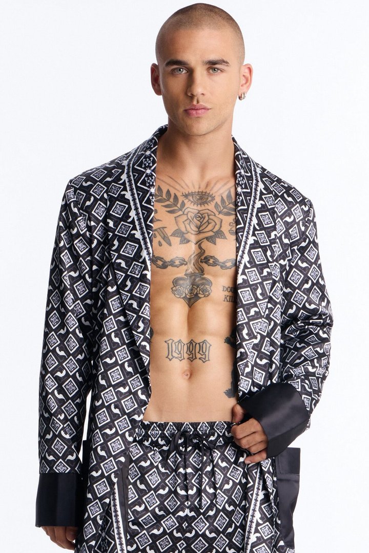 Midnight Tribal Robe Lounge Set - Black/White