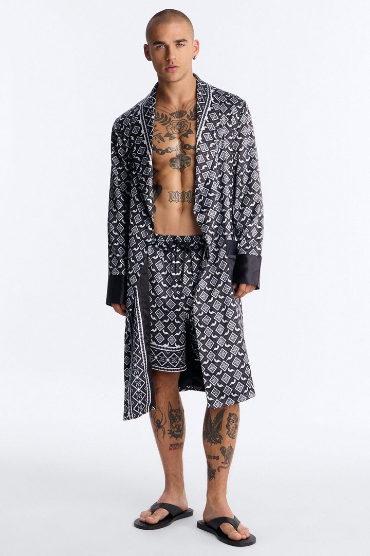 Midnight Tribal Robe Lounge Set - Black/White
