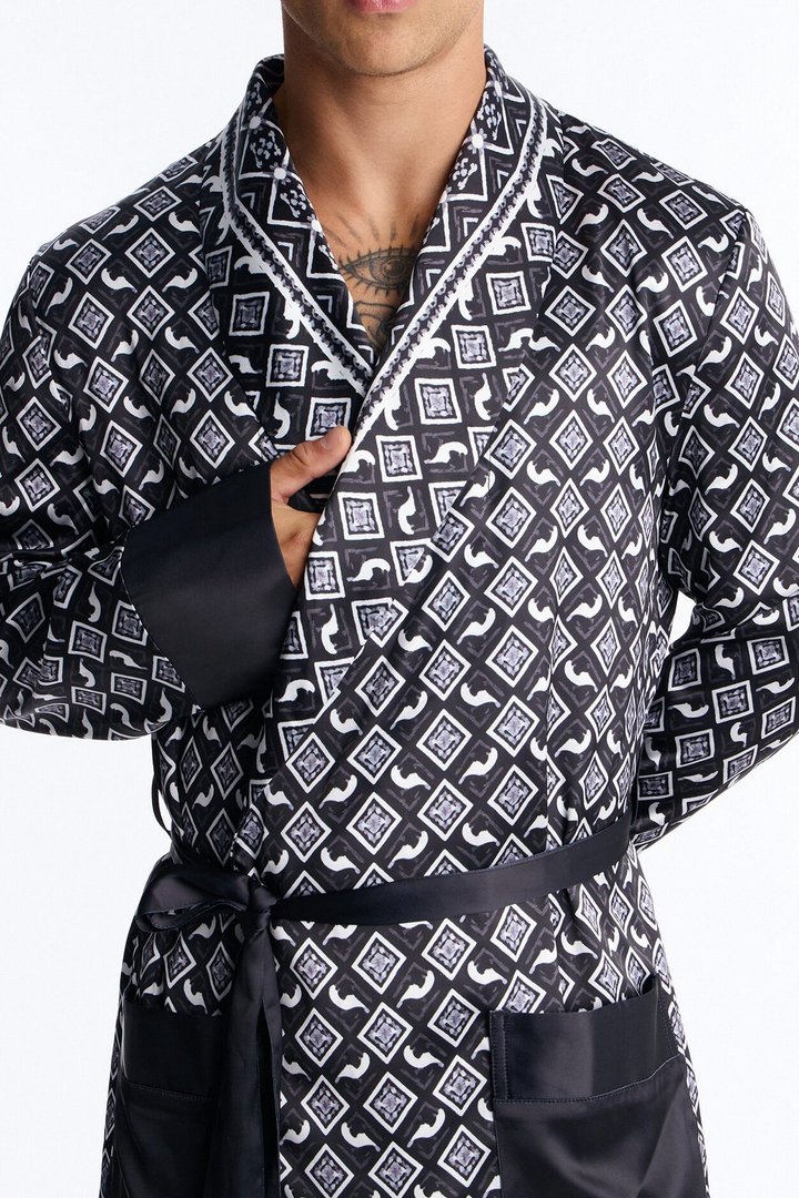 Midnight Tribal Robe Lounge Set - Black/White
