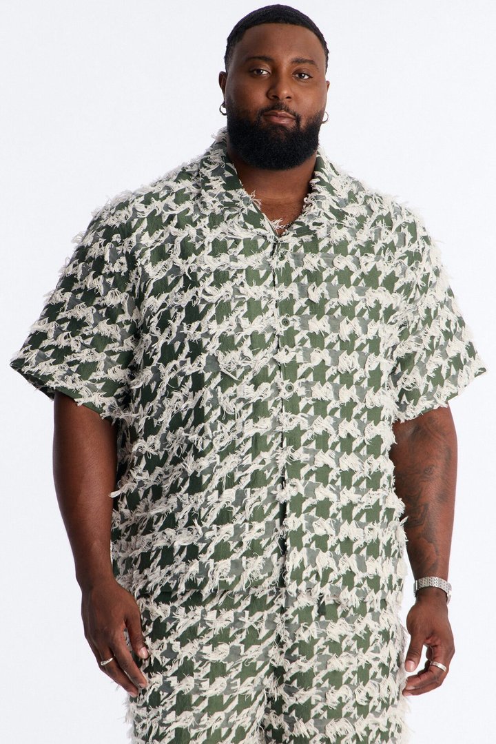 Relaxed Houndstooth Nomad Cuban Collar Button Up Shirt - Green