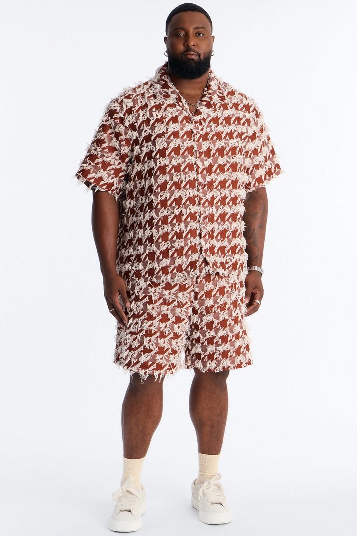 Relaxed Houndstooth Nomad Cuban Collar Button Up Shirt - Brown