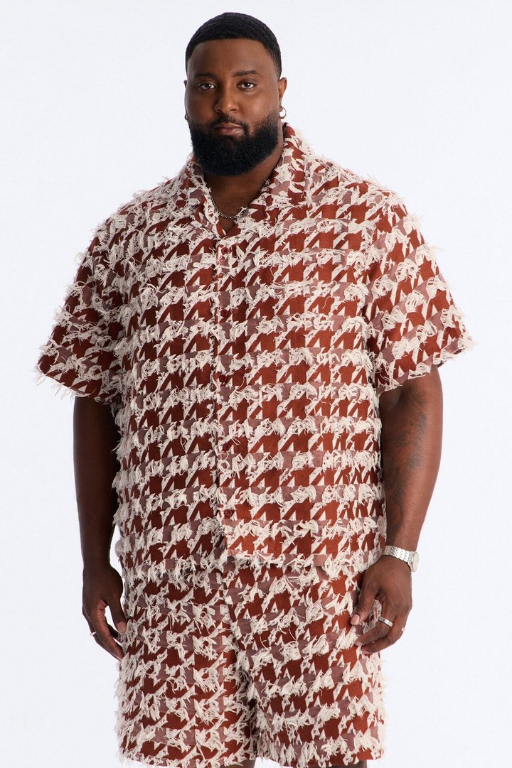 Relaxed Houndstooth Nomad Cuban Collar Button Up Shirt - Brown