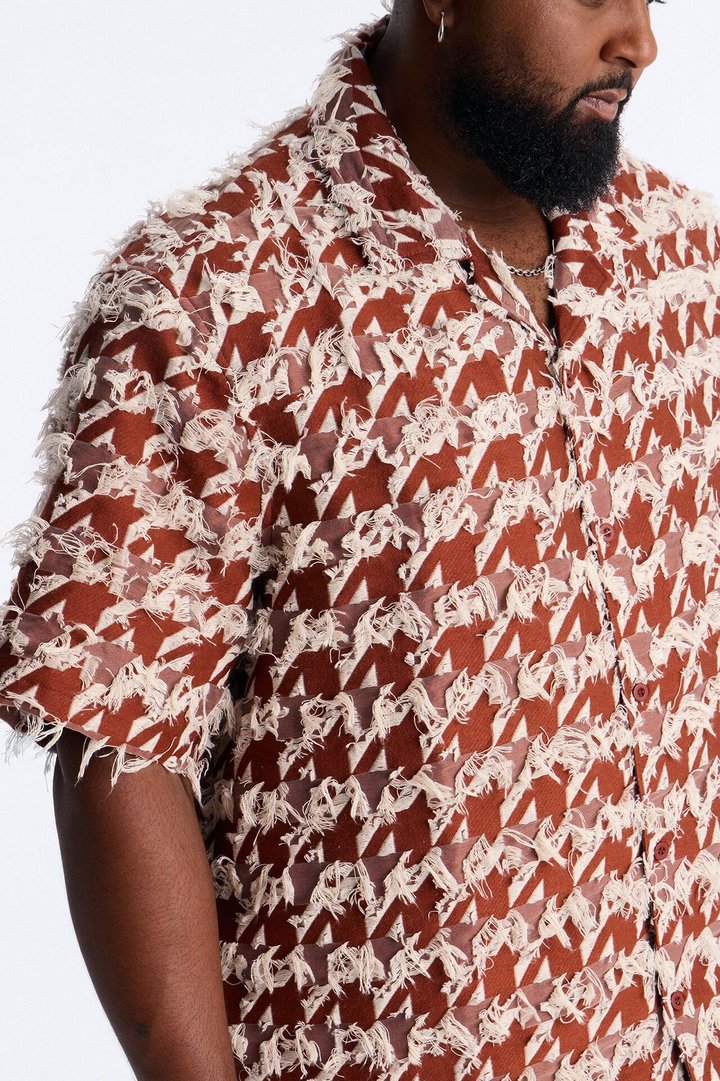 Relaxed Houndstooth Nomad Cuban Collar Button Up Shirt - Brown
