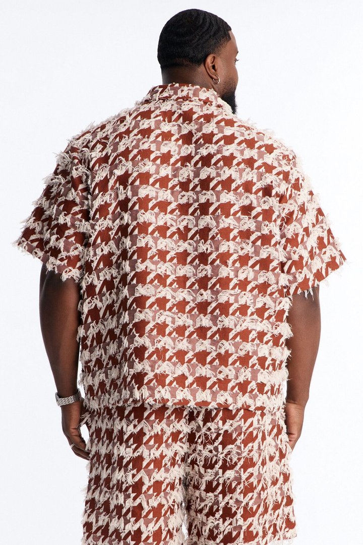 Relaxed Houndstooth Nomad Cuban Collar Button Up Shirt - Brown