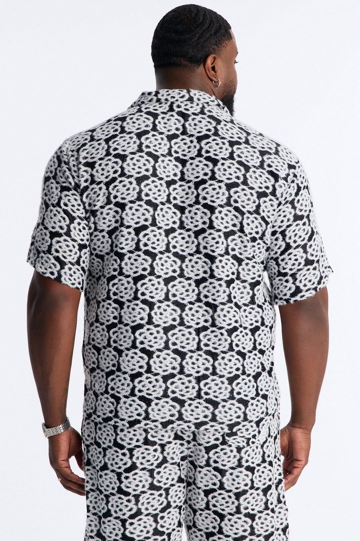 Snow Leopard Drift Cuban Collar Shirt - Black/White