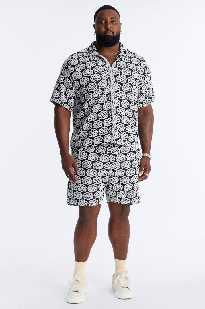 Snow Leopard Drift Cuban Collar Shirt - Black/White