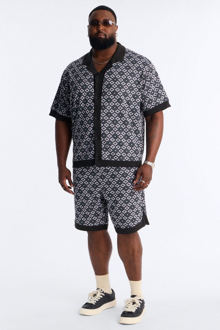 Geometric Jewel Jacquard Button Up Shirt - Grey