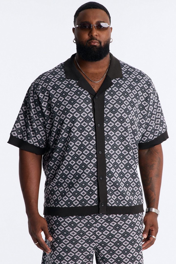 Geometric Jewel Jacquard Button Up Shirt - Grey