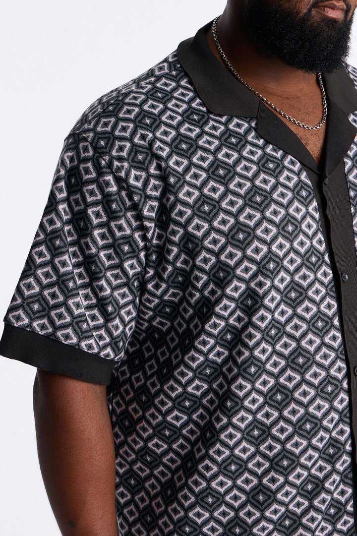 Geometric Jewel Jacquard Button Up Shirt - Grey