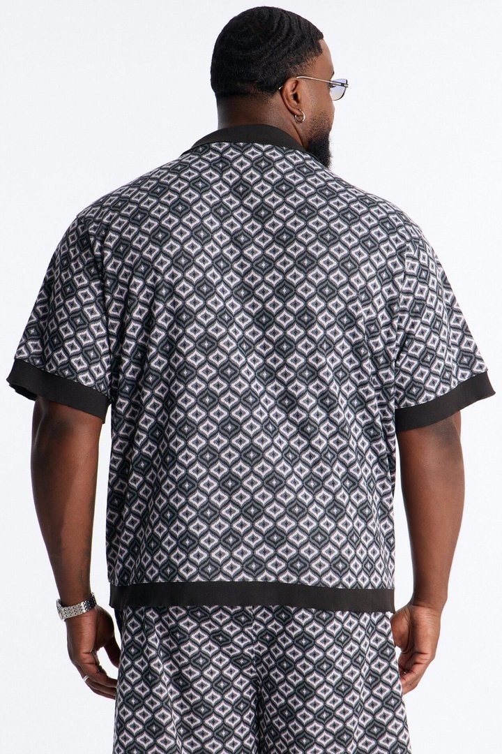 Geometric Jewel Jacquard Button Up Shirt - Grey