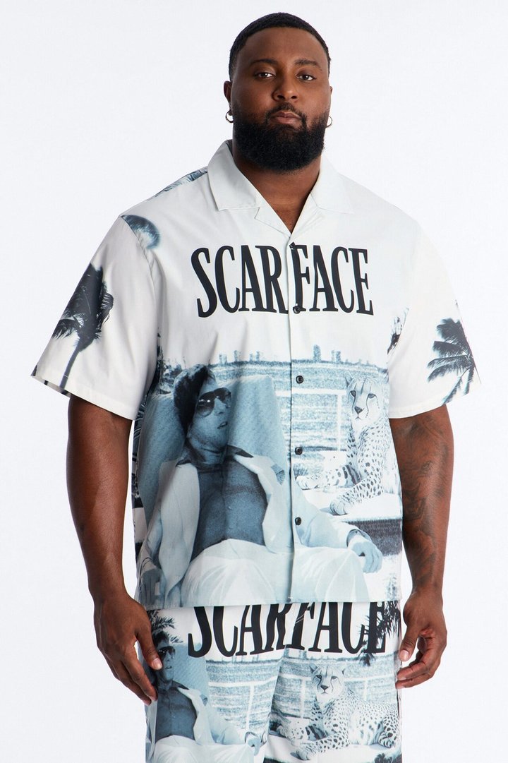 Relaxed Scarface Poolside Photoreal Cuban Collar Button Up Shirt - White