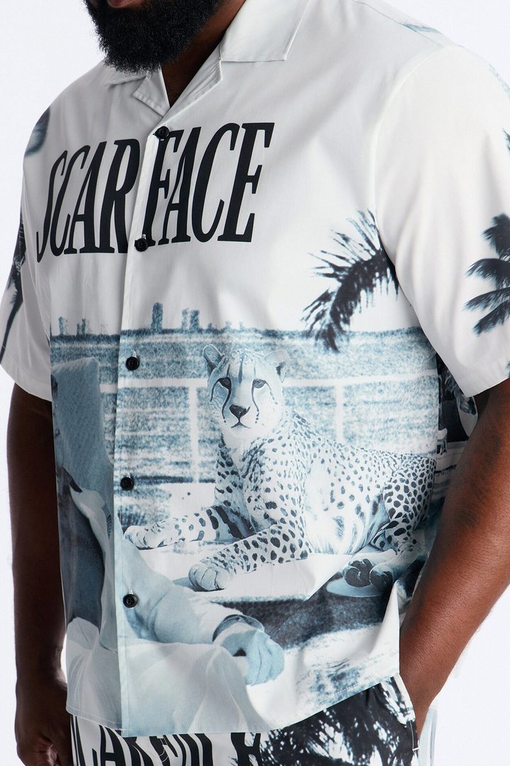 Relaxed Scarface Poolside Photoreal Cuban Collar Button Up Shirt - White