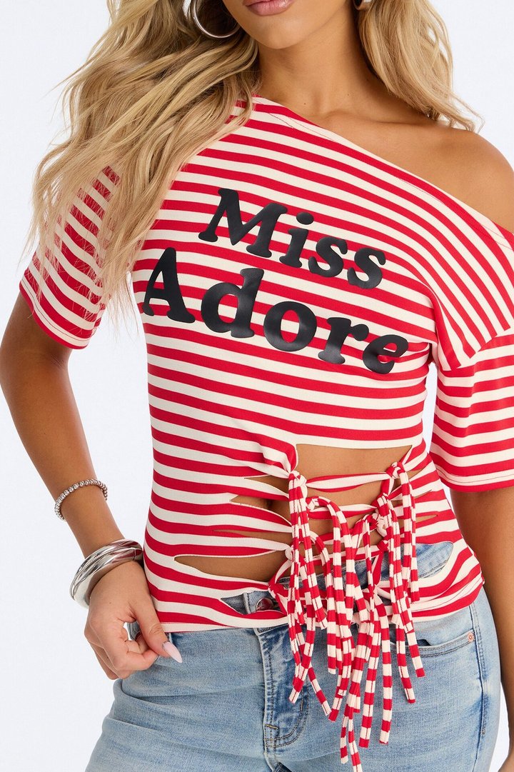 Miss Adore Striped Off Shoulder Tee - Red