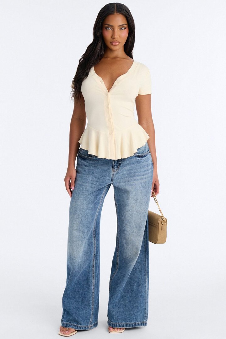 Arrow Short Sleeve Button Up Top - Ivory
