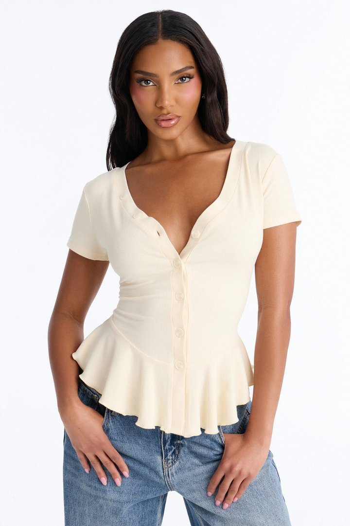 Arrow Short Sleeve Button Up Top - Ivory