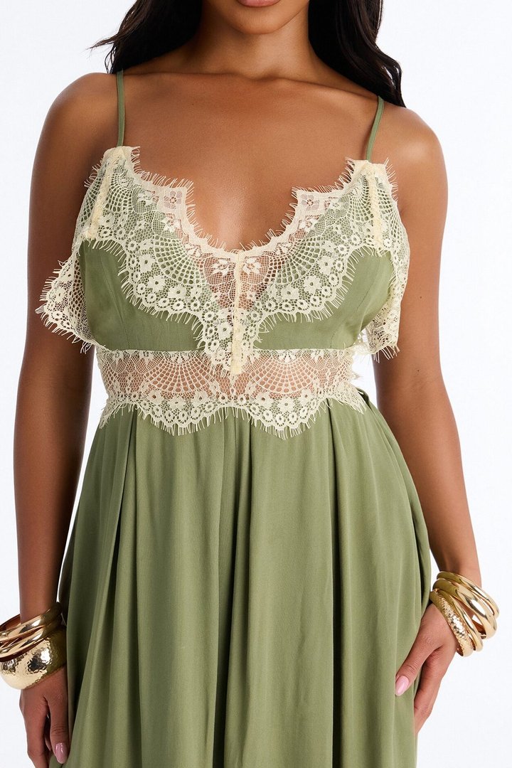 Karmen Lace Trim Wide Leg Jumpsuit - Olive