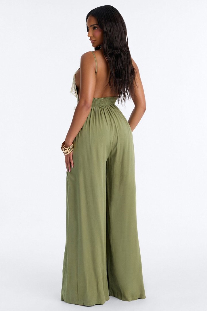 Karmen Lace Trim Wide Leg Jumpsuit - Olive