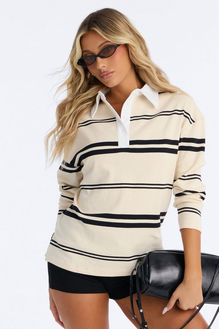 Jamie Striped Long Sleeve Polo - Natural/Combo