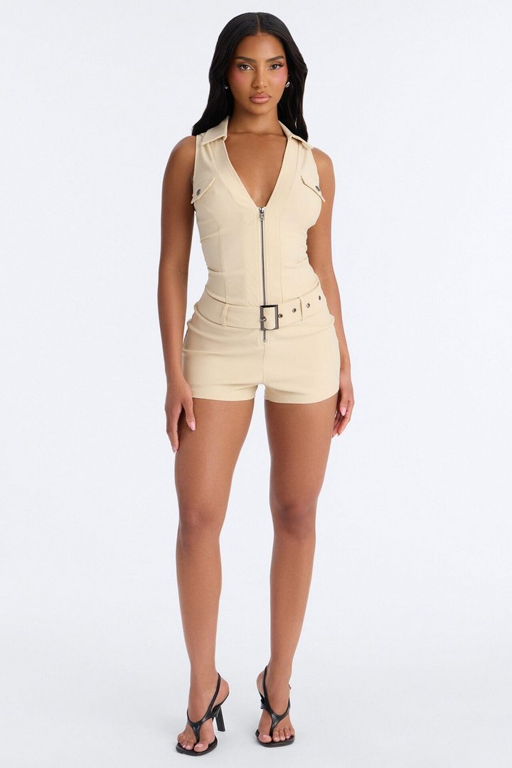 Shana Zip Front Belted Romper - Beige