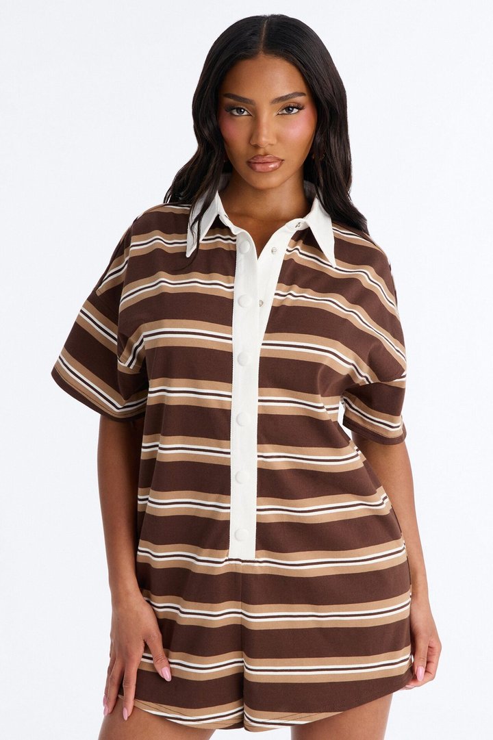 Kyla Short Sleeve Striped Polo Romper - Brown