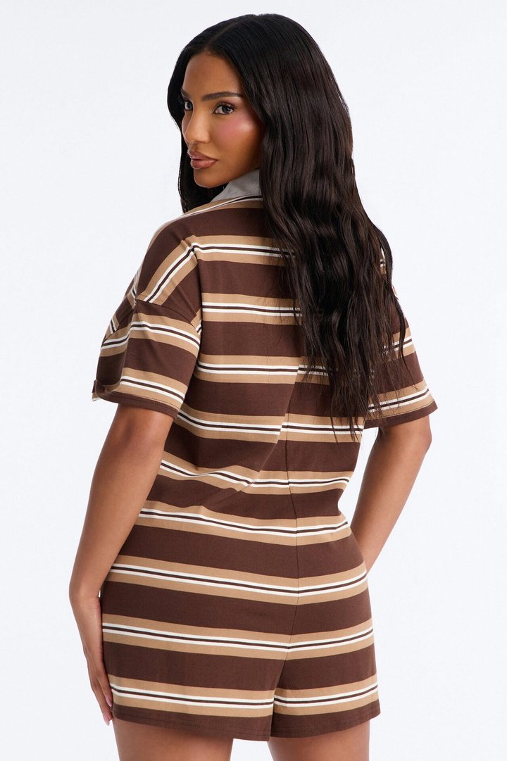 Kyla Short Sleeve Striped Polo Romper - Brown