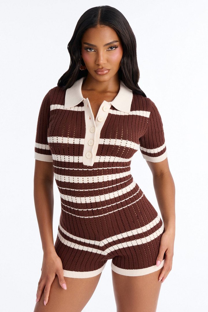 Clementine Crochet Striped Romper - Chocolate/Combo
