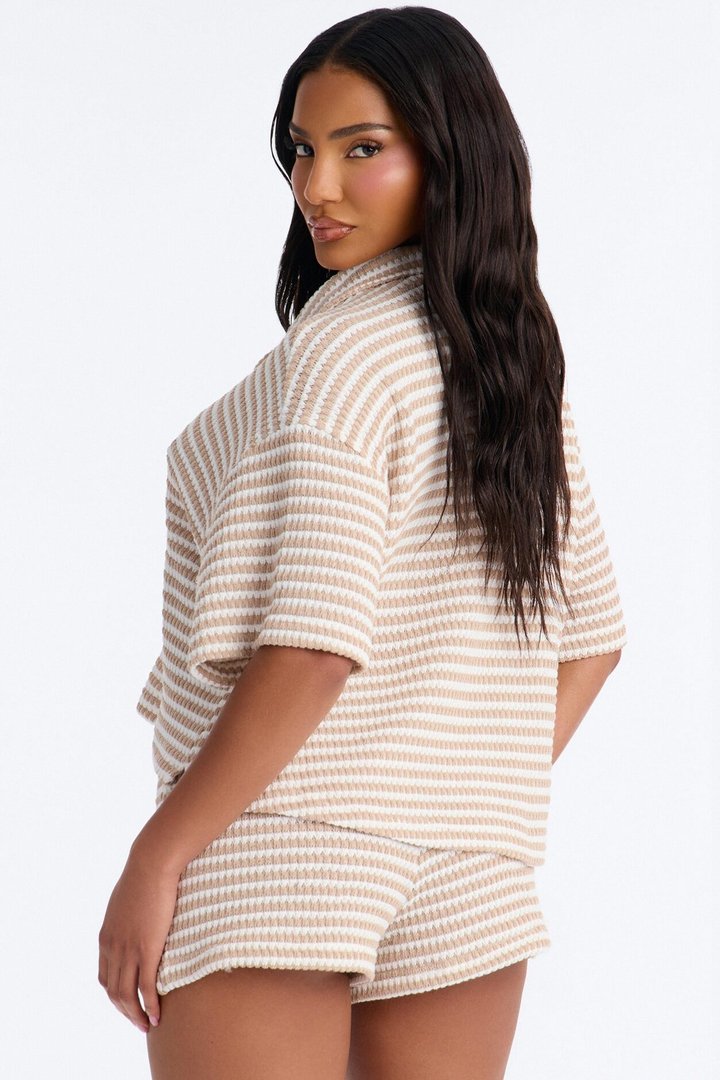 Carlie Crochet Shirt And Short Set - Taupe/combo