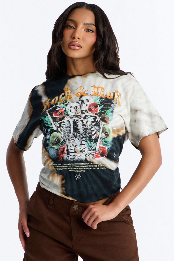 Rock & Roll Bleach Wash Crop Tee - Black Wash