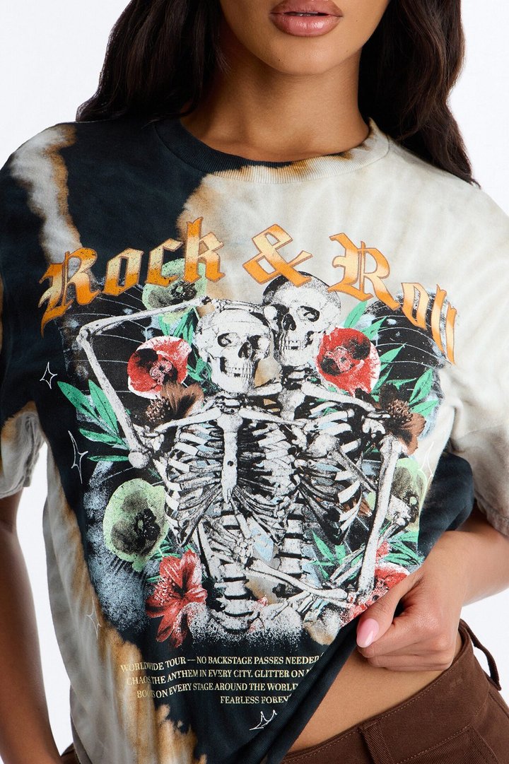 Rock & Roll Bleach Wash Crop Tee - Black Wash