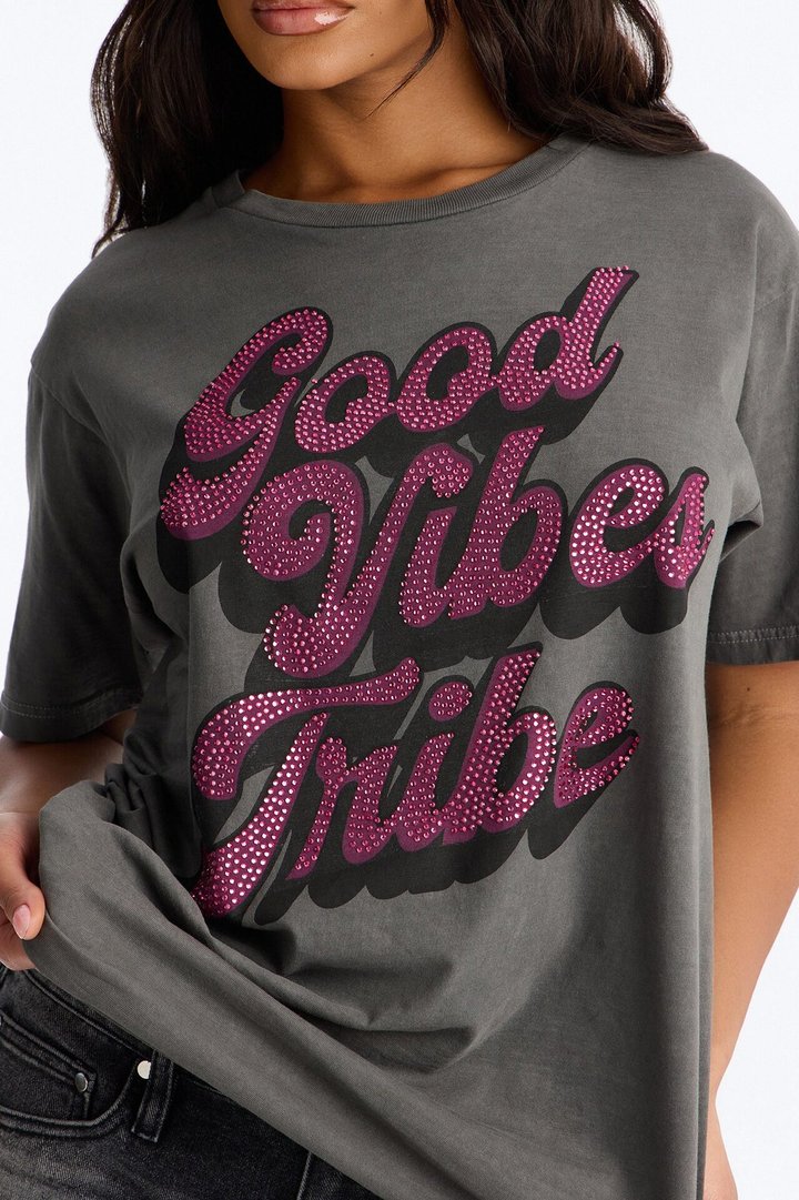 Good Vibes Tribe Washed Rhinestone Tshirt - Charcoal/combo