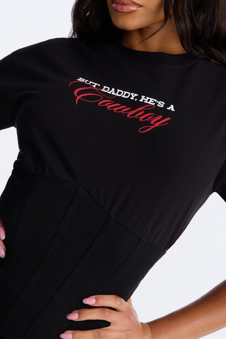 He's A Cowboy Corset Baby Tee - Black